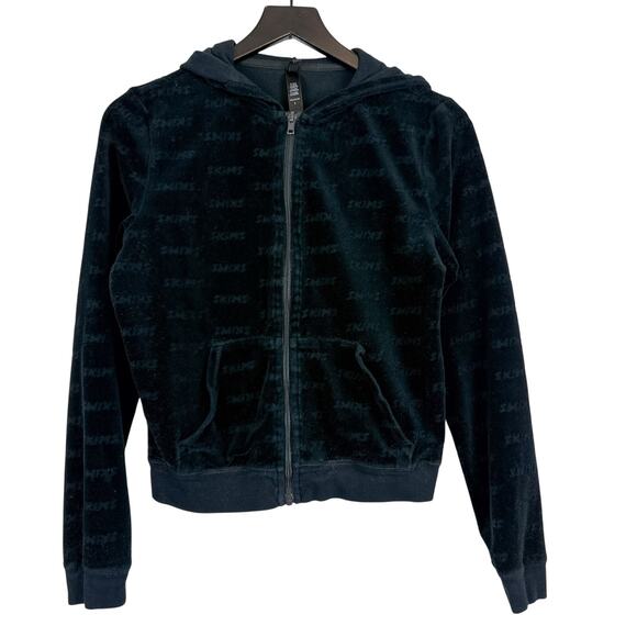 Skims Logo Velour Fitted Track Suit Jacket Black - L - Picture 1 of 8